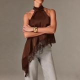 Sleeveless Satin Cami with Lace Trim Halter Top