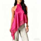 Sleeveless Satin Cami with Lace Trim Halter Top