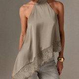 Sleeveless Satin Cami with Lace Trim Halter Top