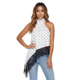 Sleeveless Satin Cami with Lace Trim Halter Top