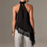 Sleeveless Satin Cami with Lace Trim Halter Top