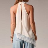 Sleeveless Satin Cami with Lace Trim Halter Top