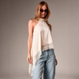 Sleeveless Satin Cami with Lace Trim Halter Top