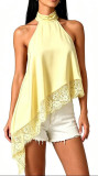 Sleeveless Satin Cami with Lace Trim Halter Top