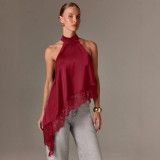 Sleeveless Satin Cami with Lace Trim Halter Top