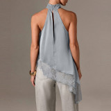 Sleeveless Satin Cami with Lace Trim Halter Top