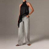 Sleeveless Satin Cami with Lace Trim Halter Top