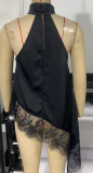 Sleeveless Satin Cami with Lace Trim Halter Top