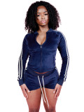 Fleece Zip Pocket Side Stripe Patchwork Shorts Set