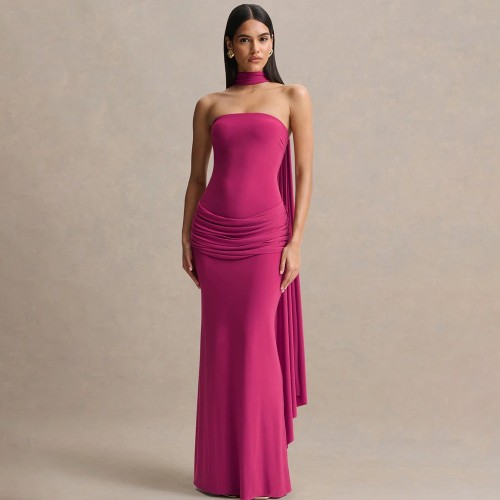 Halter Neck Strapless Dress with Waist Definition and Open Back