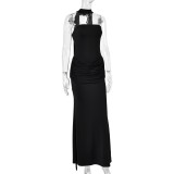 Halter Neck Strapless Dress with Waist Definition and Open Back