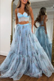Chiffon Floral Two-Piece Set with Tied Waist and Flowy Skirt