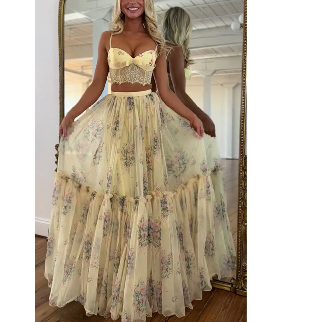 Chiffon Floral Two-Piece Set with Tied Waist and Flowy Skirt