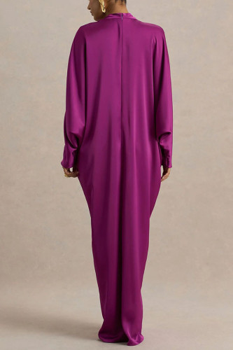 Batwing Sleeve Deep V Neck Solid Color Long Sleeve Loose Sexy Slit Pleated Dress