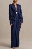 Batwing Sleeve Deep V Neck Solid Color Long Sleeve Loose Sexy Slit Pleated Dress