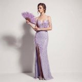 Feather Sequin Spaghetti Strap High-Slit Evening Gown