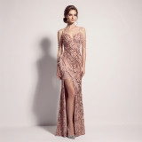 Feather Sequin Spaghetti Strap High-Slit Evening Gown