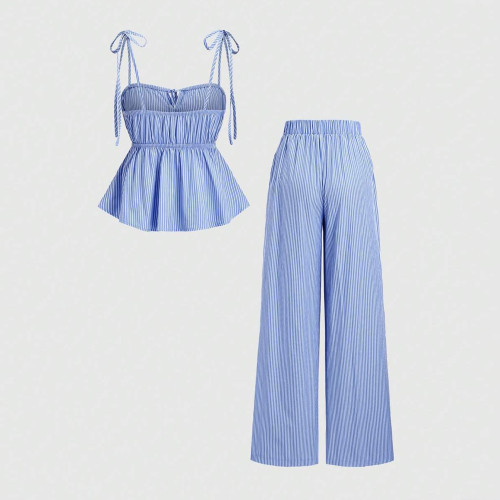 Blue Vertical Striped High-Waisted Wide-Leg Pants for Women