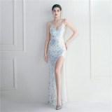 Sequin Strap Beading Party Maxi Dress Slit Evening Long Prom Dress women