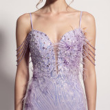 Feather Sequin Spaghetti Strap High-Slit Evening Gown