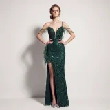 Feather Sequin Spaghetti Strap High-Slit Evening Gown