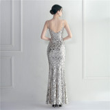 Sequin Strap Beading Party Maxi Dress Slit Evening Long Prom Dress women