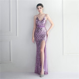 Sequin Strap Beading Party Maxi Dress Slit Evening Long Prom Dress women