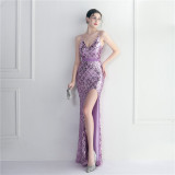 Sequin Strap Beading Party Maxi Dress Slit Evening Long Prom Dress women
