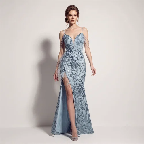 Feather Sequin Spaghetti Strap High-Slit Evening Gown