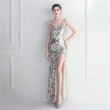 Sequin Strap Beading Party Maxi Dress Slit Evening Long Prom Dress women
