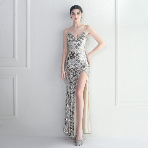 Sequin Strap Beading Party Maxi Dress Slit Evening Long Prom Dress women