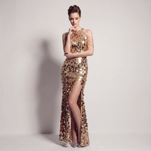 Elegant Halter Backless Slim Fit Beaded Evening Dress for Women