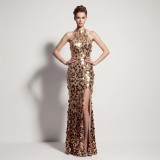 Halter Backless Beaded Sequin Slit Evening Gown