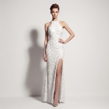 Halter Backless Beaded Sequin Slit Evening Gown