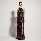 Halter Backless Beaded Sequin Slit Evening Gown