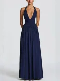 Pure Color Deep V Halter Tie Sleeveless High Slit Bodycon Dress