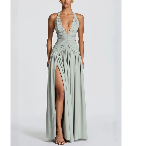 Pure Color Deep V Halter Tie Sleeveless High Slit Bodycon Dress
