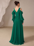 V Neck Ruched Off Shoulder Long Sleeve Elegant Evening Gown