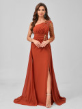 Luxurious crystal embellished evening dress with slit and one shoulder design