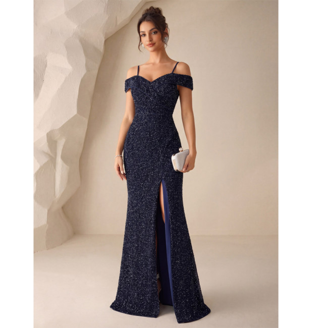Spaghetti Strap Off Shoulder Draped High Slit Evening Gown
