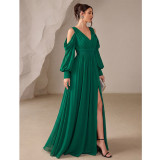 IHOOV V neck ruched off shoulder long sleeve elegant evening gown wholesale