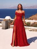 Off shoulder slit evening dress side view