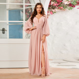 V Neck Lantern Sleeve Pleated High Slit Evening Dress