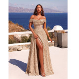 IHOOV off shoulder sequin slim fit slit evening dress wholesale