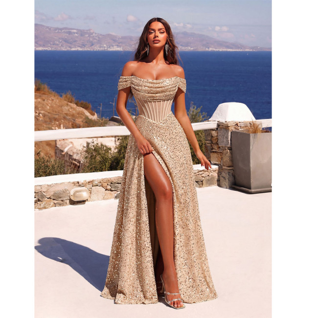 Off Shoulder Sequin Slit Evening Gown