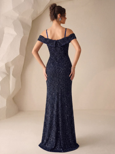 Spaghetti Strap Off Shoulder Draped High Slit Evening Gown