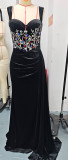 Women's Black Velvet Colorful Rhinestone Chic Strap Dress