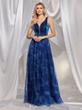 Deep V Floral Print Patchwork Rhinestone High Slit Evening Gown