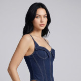 Denim Fishbone Waist-Cinching Zipper Cami Corset Top