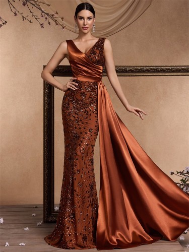 Elegant Sequin Fitted V-Neck Sleeveless Gown